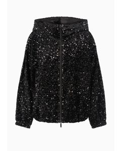 Emporio Armani - Blouson in ciniglia con cappuccio e paillettes all over nero