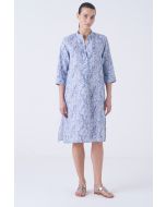 Amina Rubinacci - Abito chemisier collo alla coreana in lino stampa Paisley GIOTTO LP bianco azul denim chiaro