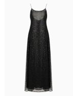 Emporio Armani - Abito lungo in tulle con ricamo micro paillettes e jais all over nero