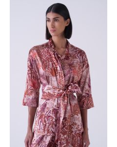 Amina Rubinacci - Camicia oversize in raso stretch con stampa foglie EMMA RP cannella rosso