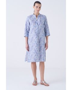 Amina Rubinacci - Abito chemisier collo alla coreana in lino stampa Paisley GIOTTO LP bianco azul denim chiaro