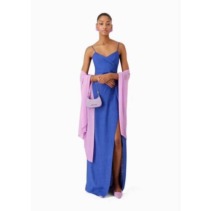Emporio Armani Abito lungo con nodo e spacco in viscosa crepe blu
